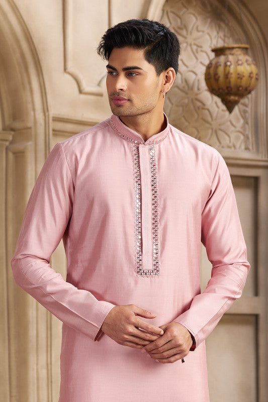 Men's Banarasi Art Silk Mirror Work Kurta Pajama In Dark Pink Colour
