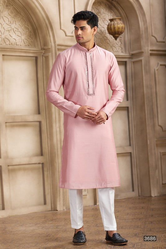Men's Banarasi Art Silk Mirror Work Kurta Pajama In Dark Pink Colour