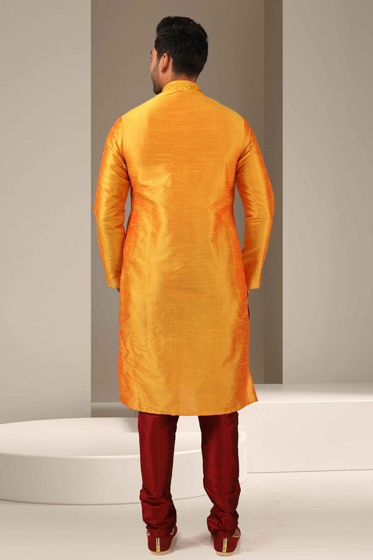 Men's Banarasi Art Silk Mirror Work Kurta Pajama In Mustard Colour