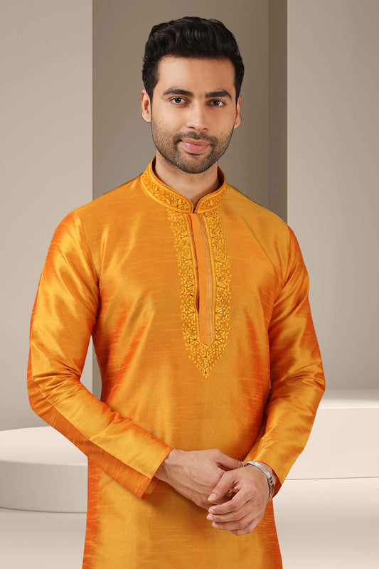 Men's Banarasi Art Silk Mirror Work Kurta Pajama In Mustard Colour