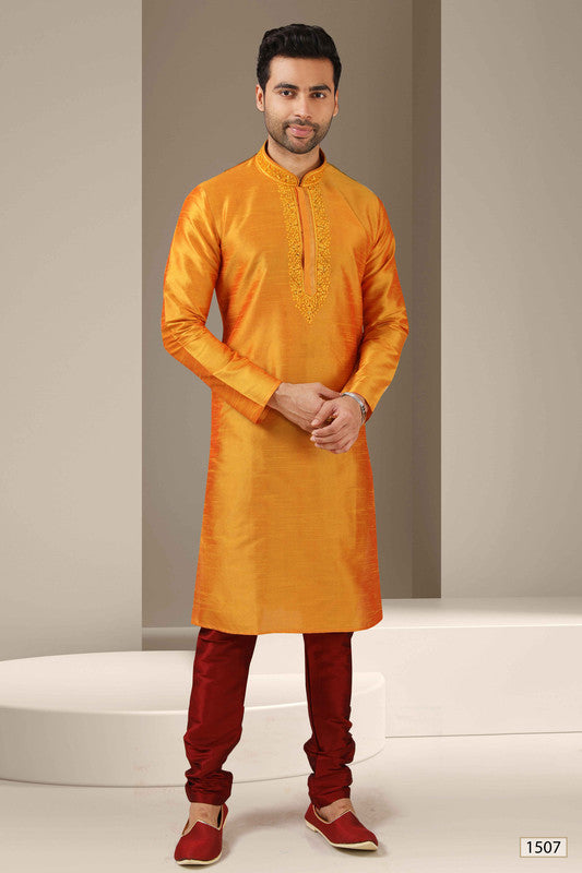 Men's Banarasi Art Silk Mirror Work Kurta Pajama In Mustard Colour