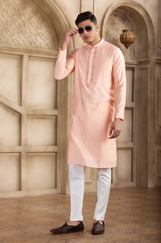 Men's Banarasi Art Silk Mirror Work Kurta Pajama In Pink Colour