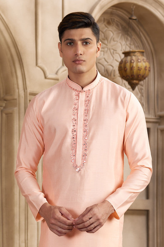 Men's Banarasi Art Silk Mirror Work Kurta Pajama In Pink Colour