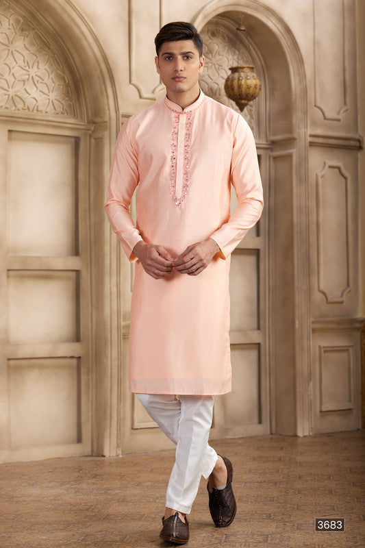 Men's Banarasi Art Silk Mirror Work Kurta Pajama In Pink Colour