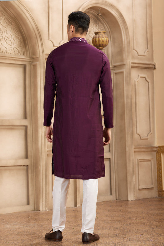 Men's Banarasi Art Silk Mirror Work Kurta Pajama In Wine Colour