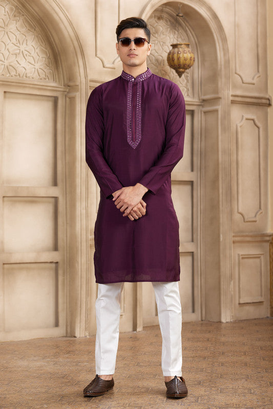 Men's Banarasi Art Silk Mirror Work Kurta Pajama In Wine Colour
