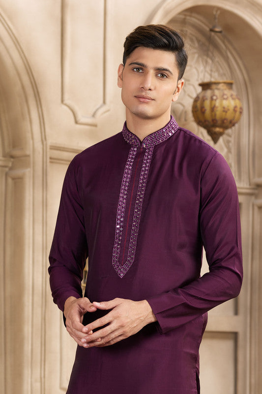 Men's Banarasi Art Silk Mirror Work Kurta Pajama In Wine Colour