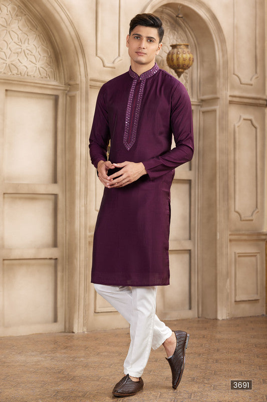 Men's Banarasi Art Silk Mirror Work Kurta Pajama In Wine Colour