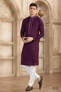 Men's Banarasi Art Silk Mirror Work Kurta Pajama In Wine Colour