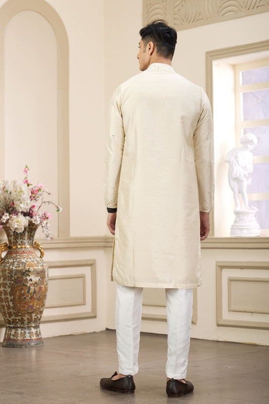 Men's Banarasi Art Silk Thread And Mirror Work Kurta Pajama In Beige Colour