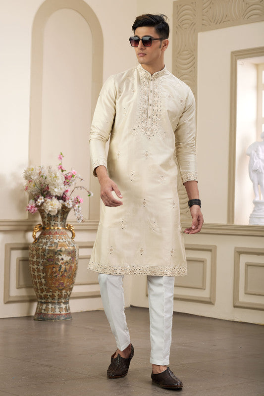 Men's Banarasi Art Silk Thread And Mirror Work Kurta Pajama In Beige Colour