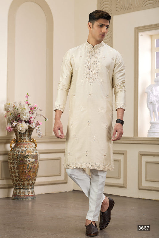 Men's Banarasi Art Silk Thread And Mirror Work Kurta Pajama In Beige Colour