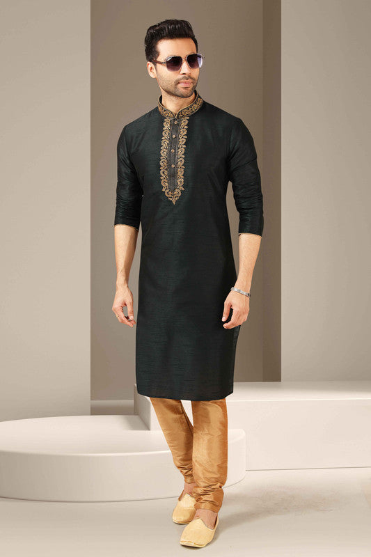 Men's Banarasi Art Silk Thread Work Kurta Pajama In Black Colour