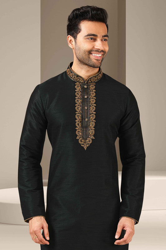 Men's Banarasi Art Silk Thread Work Kurta Pajama In Black Colour