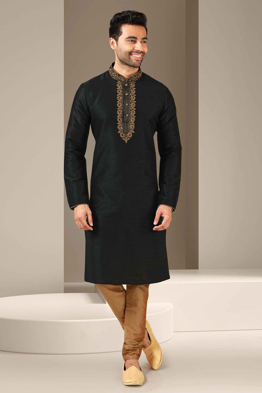 Men's Banarasi Art Silk Thread Work Kurta Pajama In Black Colour