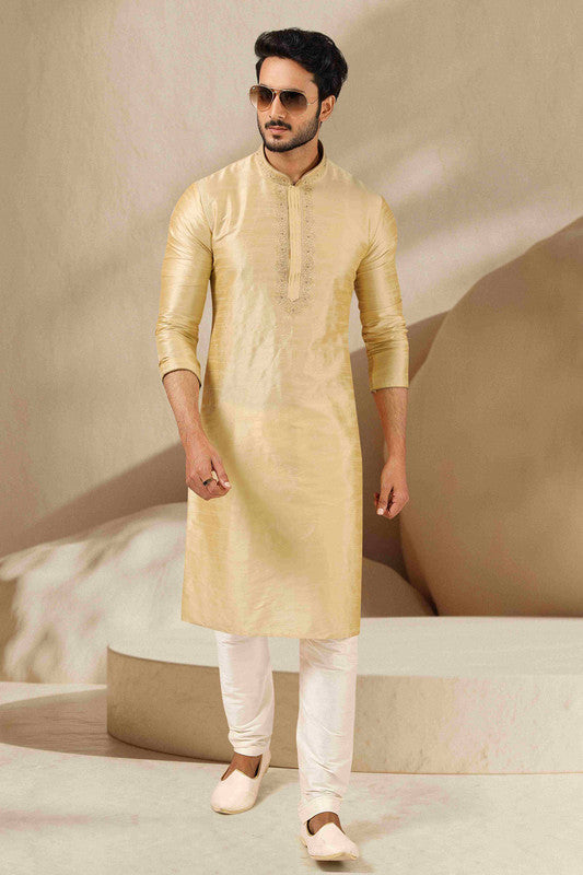 Men's Banarasi Art Silk Thread Work Kurta Pajama In Gold Colour