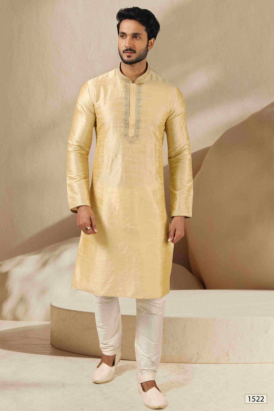 Men's Banarasi Art Silk Thread Work Kurta Pajama In Gold Colour
