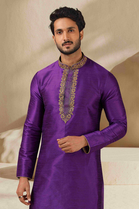 Men's Banarasi Art Silk Thread Work Kurta Pajama In Purple Colour