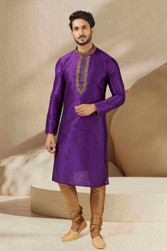 Men's Banarasi Art Silk Thread Work Kurta Pajama In Purple Colour