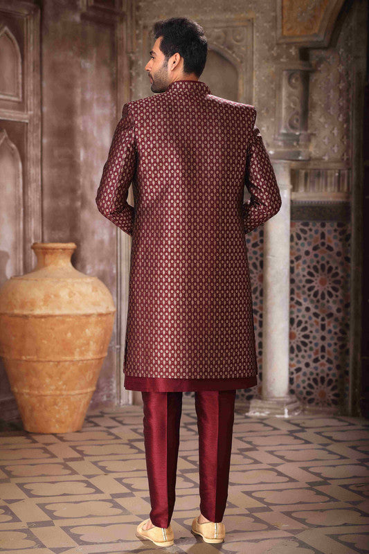 Men's Banarasi Jacquard And Art Silk Embroidery Work 3 Pcs Indo Jacket Set In Wine Colour