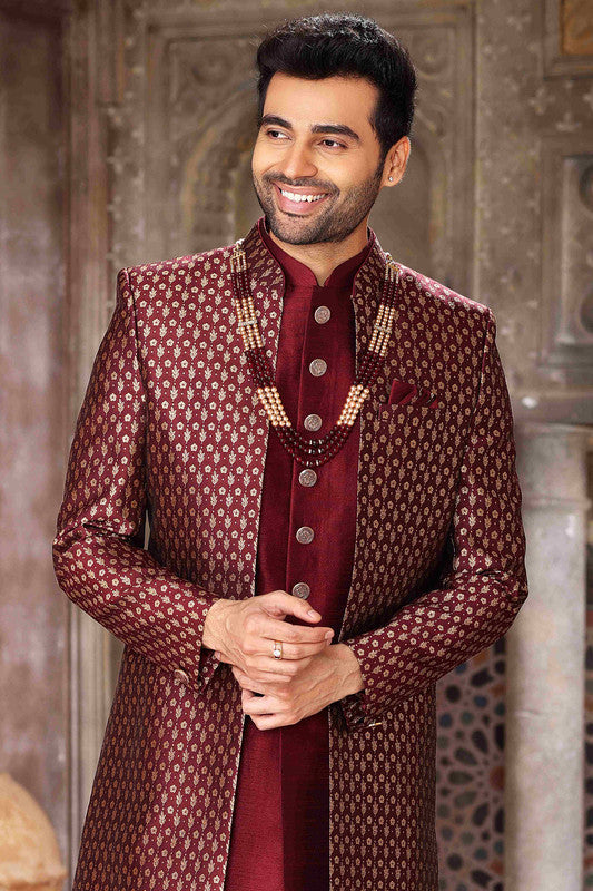 Men's Banarasi Jacquard And Art Silk Embroidery Work 3 Pcs Indo Jacket Set In Wine Colour