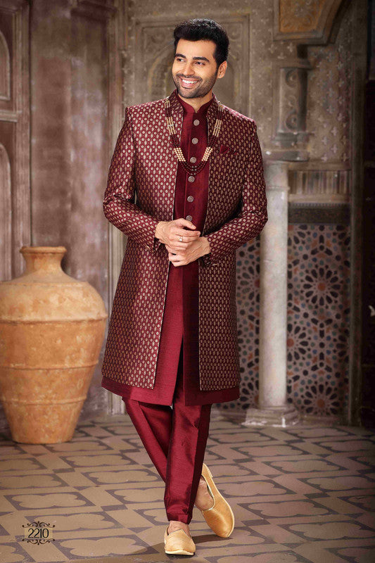 Men's Banarasi Jacquard And Art Silk Embroidery Work 3 Pcs Indo Jacket Set In Wine Colour