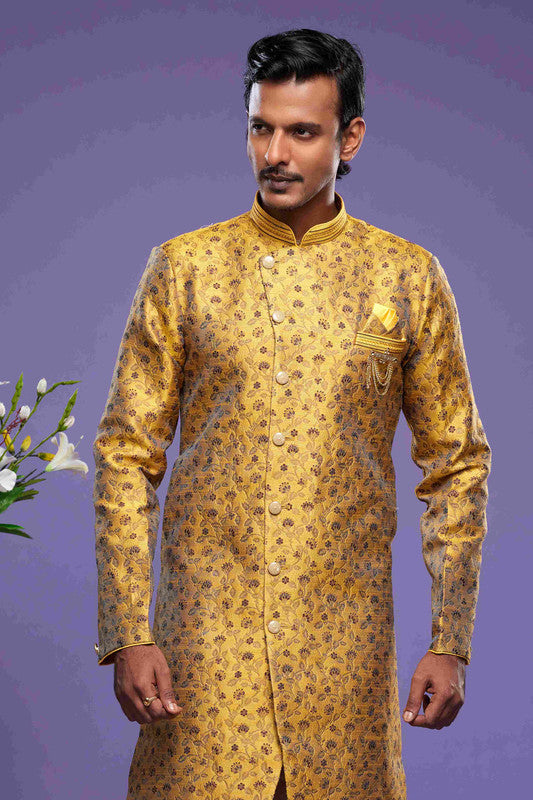 Men's Banarasi Jacquard Embroidery Semi Indo Western Sherwani In Gold Colour