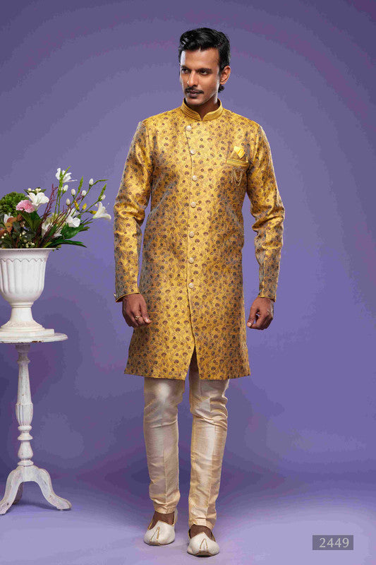 Men's Banarasi Jacquard Embroidery Semi Indo Western Sherwani In Gold Colour