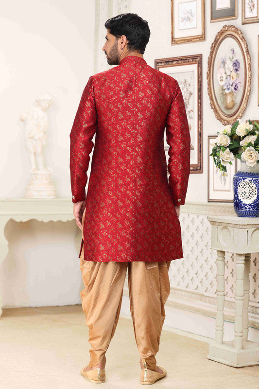 Men's Banarasi Jacquard Embroidery Semi Indo Western Sherwani In Maroon Colour