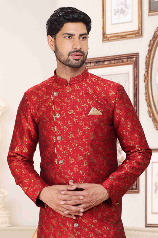 Men's Banarasi Jacquard Embroidery Semi Indo Western Sherwani In Maroon Colour
