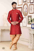 Men's Banarasi Jacquard Embroidery Semi Indo Western Sherwani In Maroon Colour