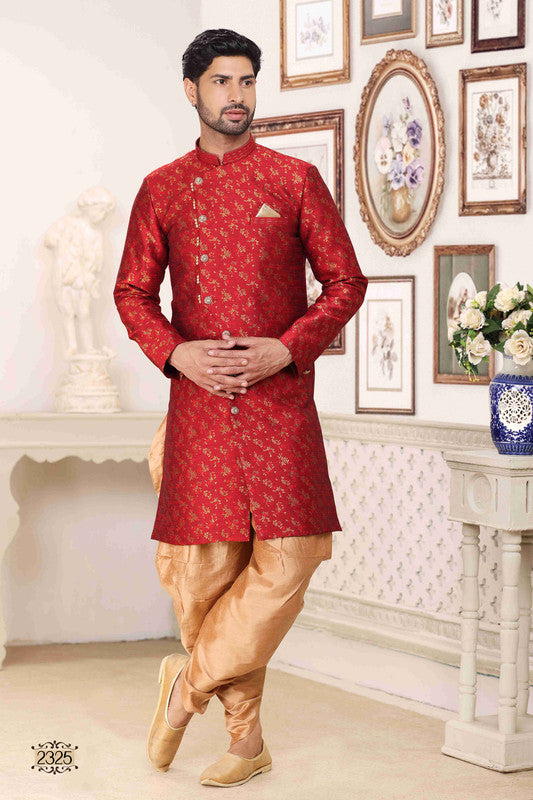 Men's Banarasi Jacquard Embroidery Semi Indo Western Sherwani In Maroon Colour