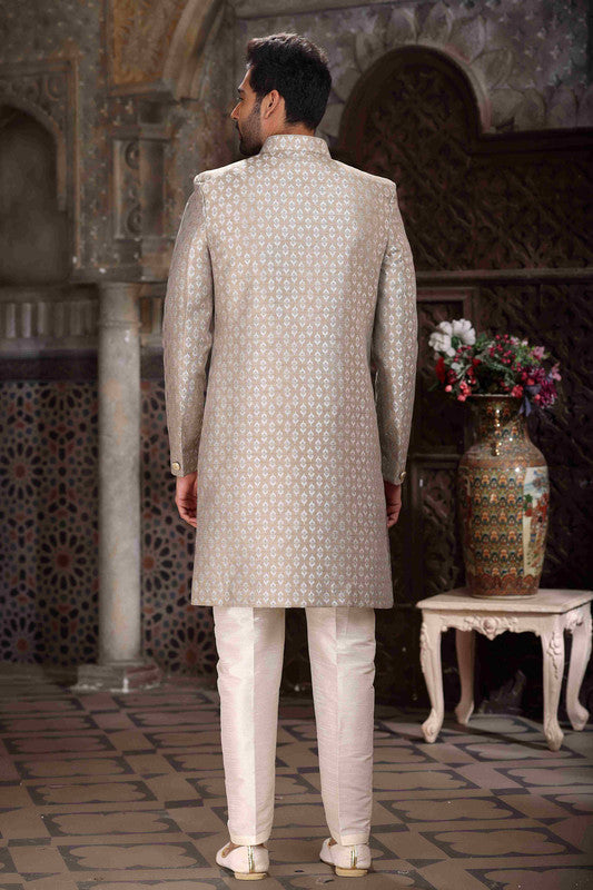 Men's Banarasi Jacquard Woven Work Indo Western Sherwani In Light Grey Colour