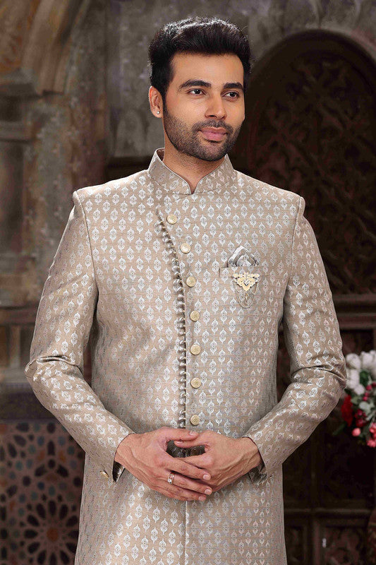 Men's Banarasi Jacquard Woven Work Indo Western Sherwani In Light Grey Colour