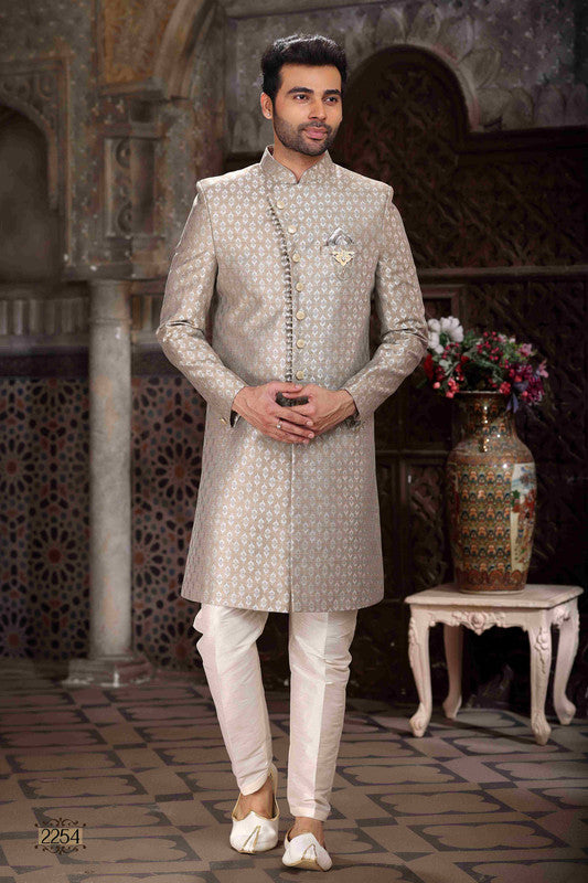 Men's Banarasi Jacquard Woven Work Indo Western Sherwani In Light Grey Colour