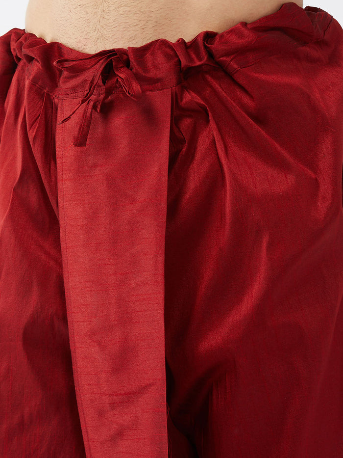 Men's Beige And Maroon Silk Blend Kurta And Dhoti Set