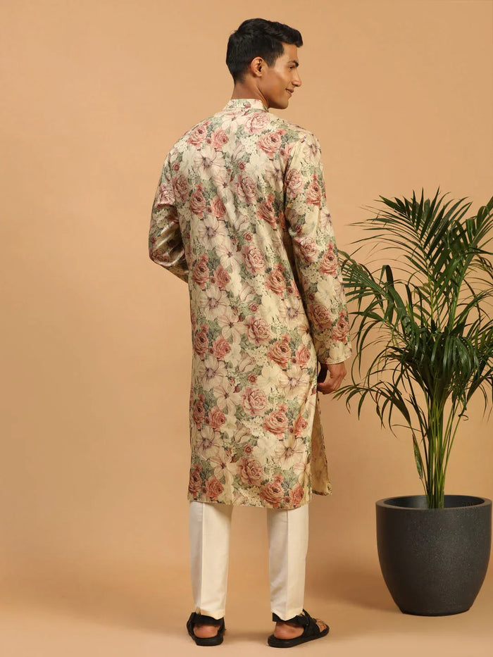 Men's Beige Floral Printed Kurta With Cream Solid Pant Style Viscose Pyjama Set