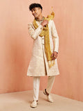 Men's Beige Jacquard Embroidered Sherwani Set with Cream Pyjama & Gold Dupatta