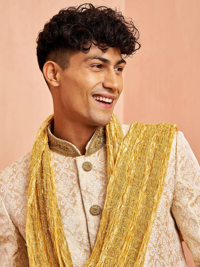 Men's Beige Jacquard Embroidered Sherwani Set with Cream Pyjama & Gold Dupatta