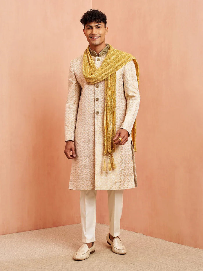 Men's Beige Jacquard Embroidered Sherwani Set with Cream Pyjama & Gold Dupatta