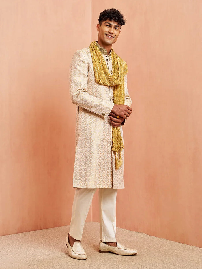 Men's Beige Jacquard Embroidered Sherwani Set with Cream Pyjama & Gold Dupatta