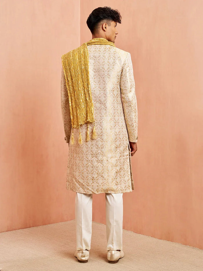 Men's Beige Jacquard Embroidered Sherwani Set with Cream Pyjama & Gold Dupatta