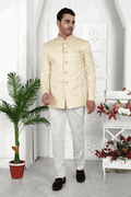 Men's Beige Jacquard Silk Embroidery Jodhpuri Jacket