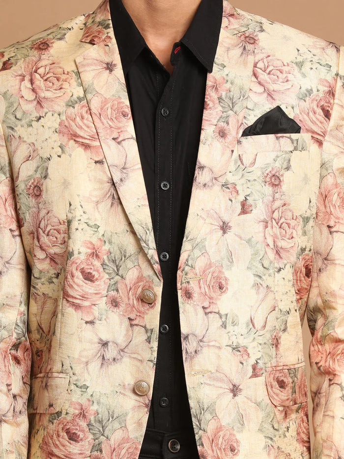 Men's Beige Silk Blend Floral Print Blazer