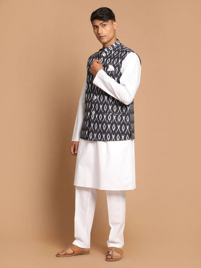 Men's Black And White Printed Nehru Jacket With White Kurta Pyjama
