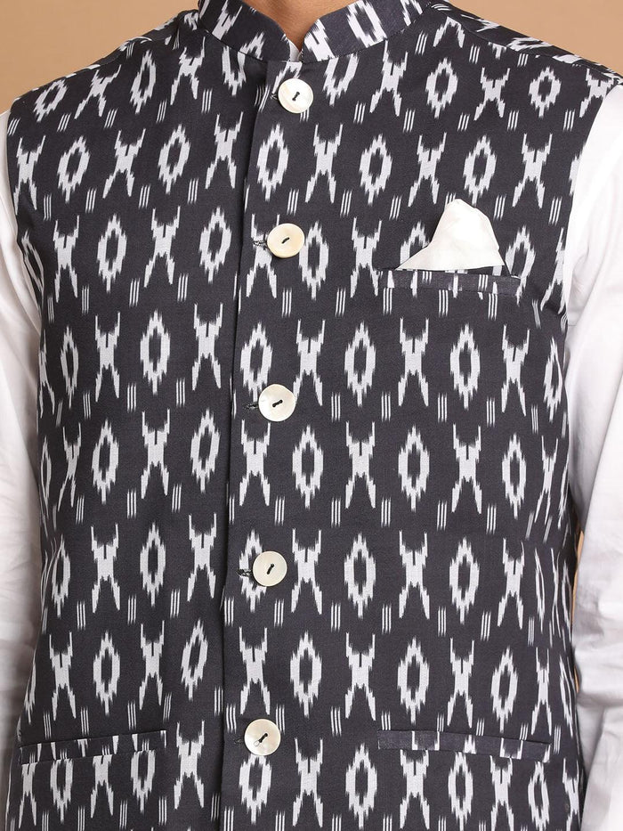 Men's Black And White Printed Nehru Jacket With White Kurta Pyjama