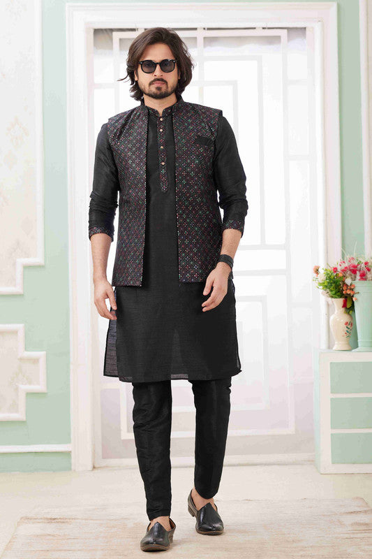 Men's Black Art Silk Embroidery Collar Neck Jacket Set