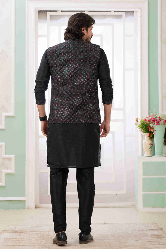 Men's Black Art Silk Embroidery Collar Neck Jacket Set