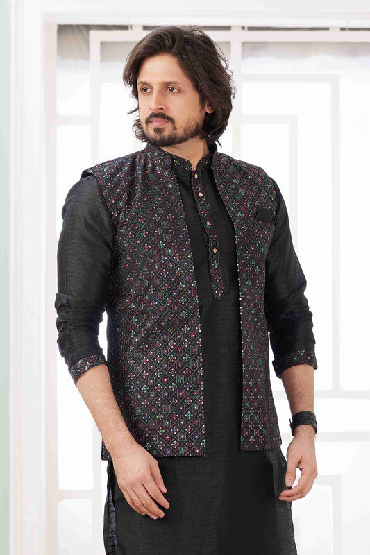 Men's Black Art Silk Embroidery Collar Neck Jacket Set