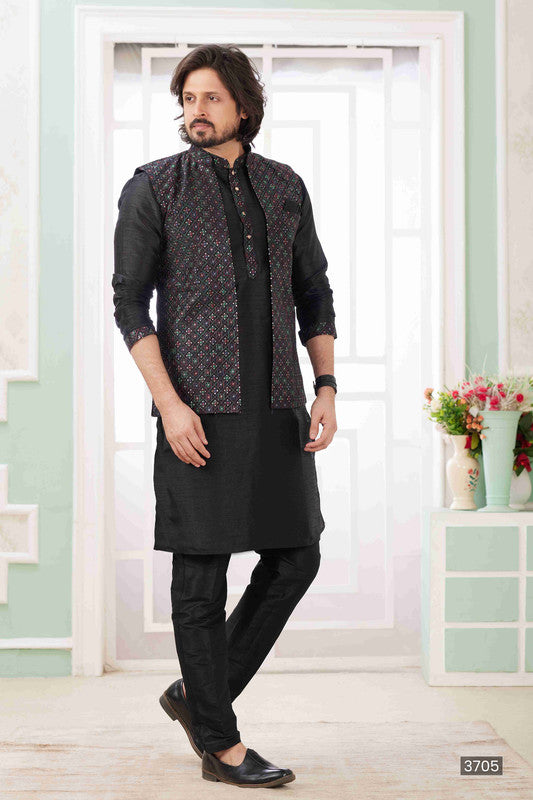 Men's Black Art Silk Embroidery Collar Neck Jacket Set